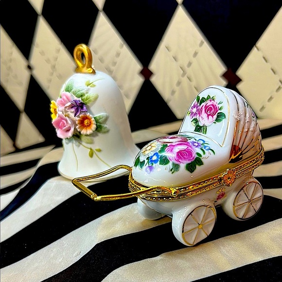 Porcelain Floral Set – Baby Carriage Trinket Box & Bell with 3D Flowers - Picture 2 of 8